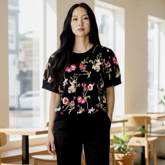 Elie Tahari Tops - Tahari Pixel Floral Short Sleeve Sweater Blouse Size 1X Teacher Office Chic Art